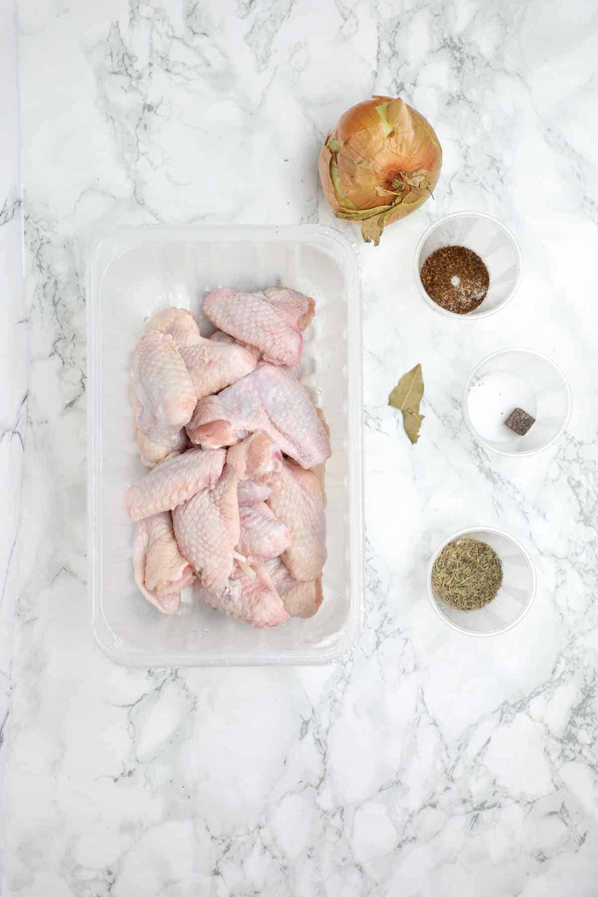 ingredients for boiled chicken wings displayed.