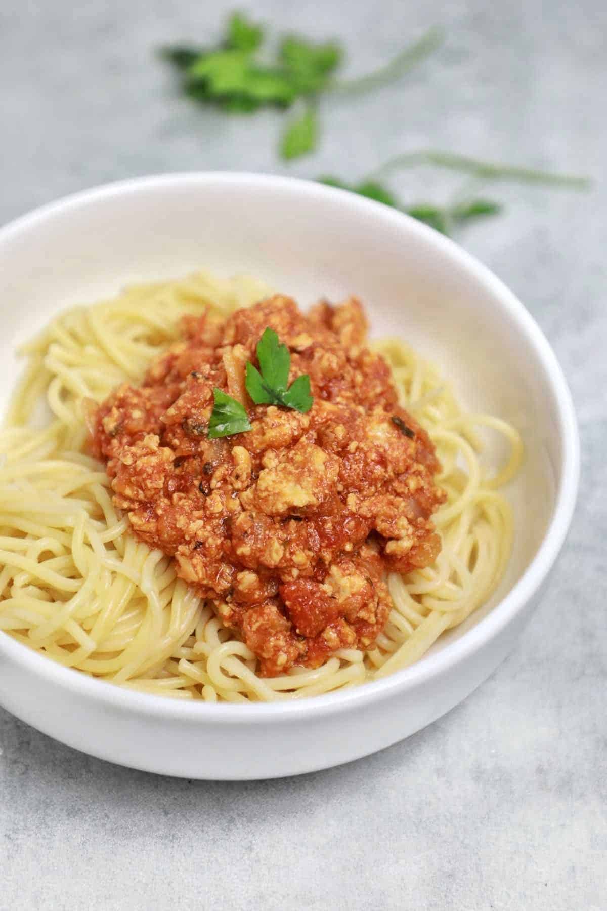 chicken bolognese in a bowl.
