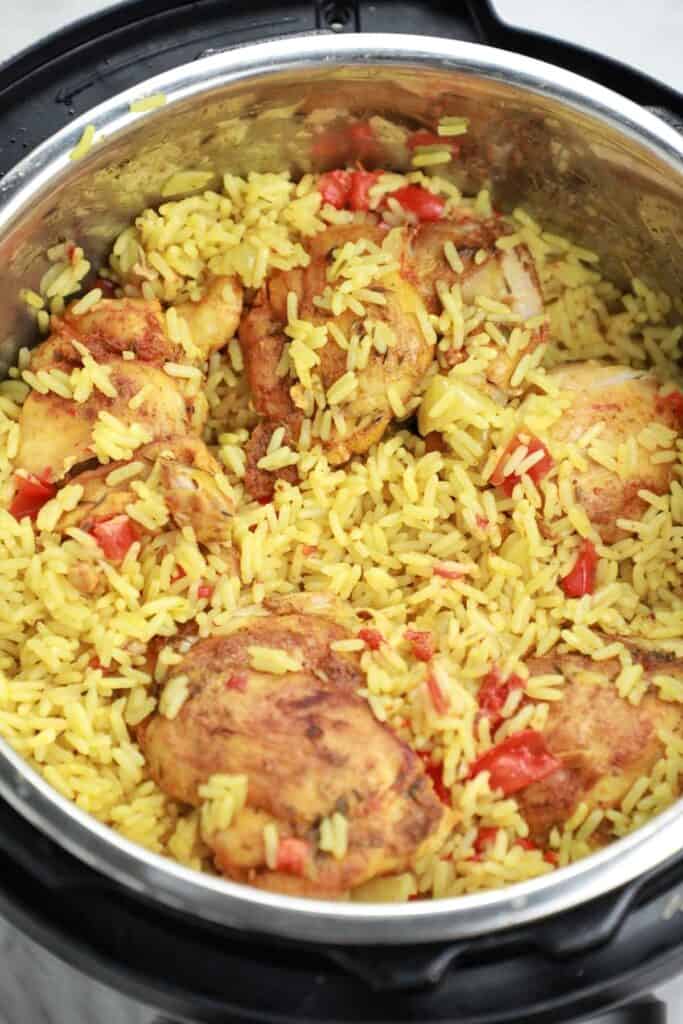 instant pot chicken and rice displayed.