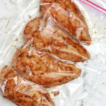 marinated chicken breasts in a ziploc.