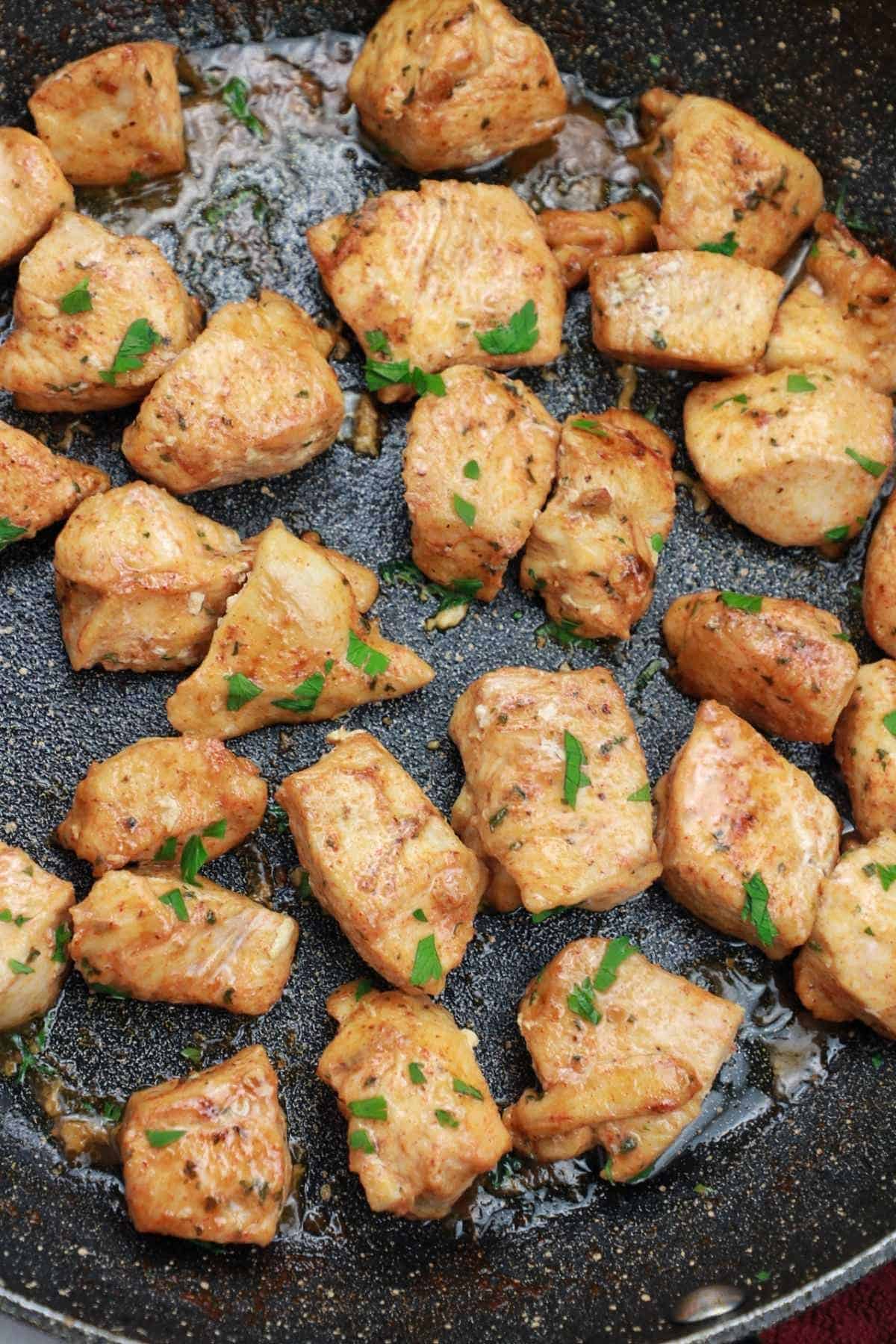 chicken bites displayed in a pan.