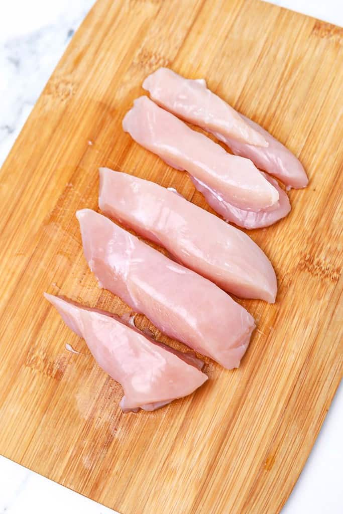 chicken cut into strips.